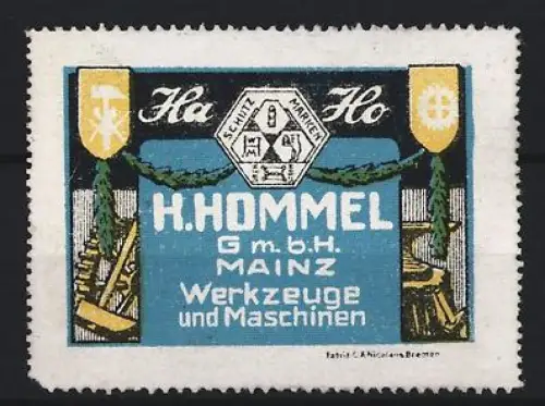 Reklamemarke Mainz, H. Hommel GmbH, Werkzeuge und Maschinen, Anker und Zahnrad