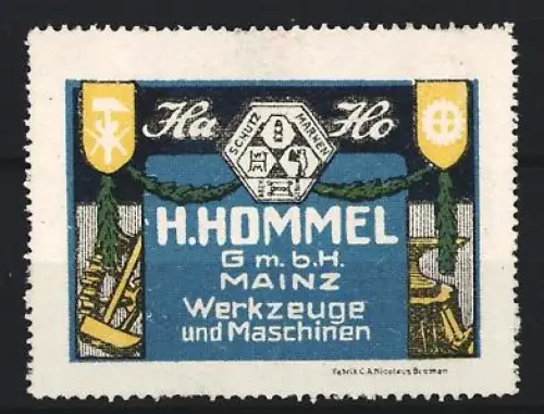 Reklamemarke Mainz, H. Hommel GmbH, Schutzmarke mit Werkzeugen