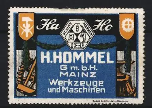Reklamemarke Mainz, H. Hommel GmbH, Werkzeuge und Maschinen, Zahnrad Symbol