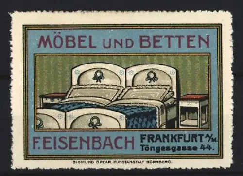 Reklamemarke Frankfurt, Möbel und Betten F. Eisenbach, Bett mit Nachttischen