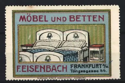 Reklamemarke Frankfurt, Möbel und Betten F. Eisenbach, Bett mit Nachttischen