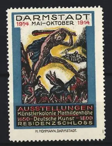 Reklamemarke Darmstadt, Ausstellungen Künstlerkolonie Mathildenhöhe 1914, kämpfende Figuren