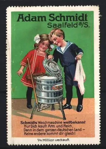 Reklamemarke Saalfeld, Schmidts Waschmaschine, Kinder mit Waschmaschine