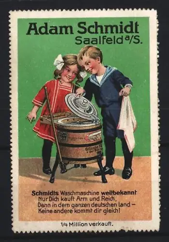 Reklamemarke Saalfeld, Schmidts Waschmaschine, Kinder mit Waschmaschine