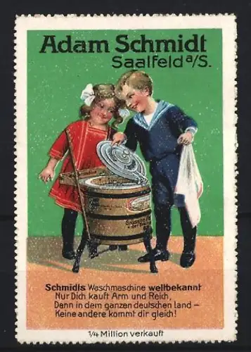 Reklamemarke Saalfeld, Adam Schmidt Waschmaschine, Kinder mit Waschmaschine