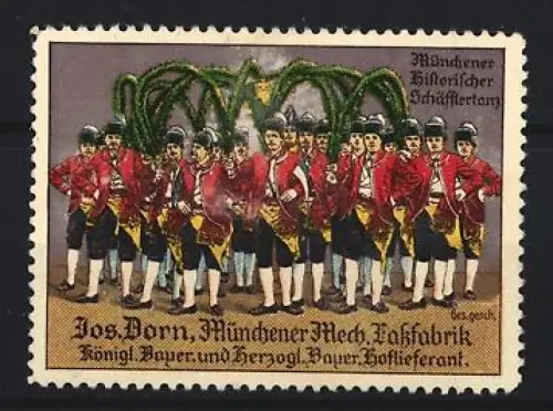 Reklamemarke München, Münchener Mechanische Fassfabrik, Historischer Schäfflertanz, Tänzer in Tracht