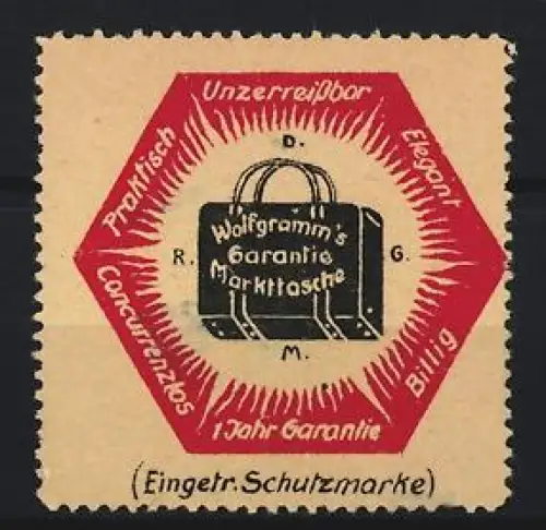 Reklamemarke Wolfgramm`s, Garantie Markttasche, Koffer mit Garantie