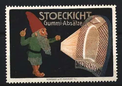 Reklamemarke Frankfurt, Stoeckicht Gummi-Absätze, Zwerg mit Schuhabsatz