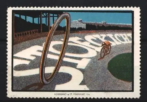 Reklamemarke Stoeckicht, Gummireifen, Fahrradfahrer und Rennbahn