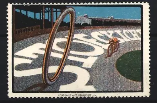 Reklamemarke Stoeckicht, Gummireifen, Fahrradfahrer und Rennbahn