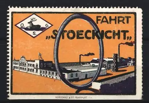 Reklamemarke Frankfurt, Stoeckicht Reifen, Fabrikgelände mit Hirschsymbol