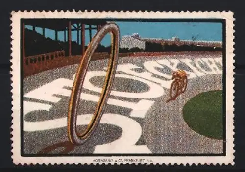 Reklamemarke Stoeckicht, Gummireifen, Fahrradfahrer und Rennbahn