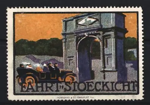 Reklamemarke Frankfurt, Fahrt Stoeckicht Reifen, Auto und Torbogen