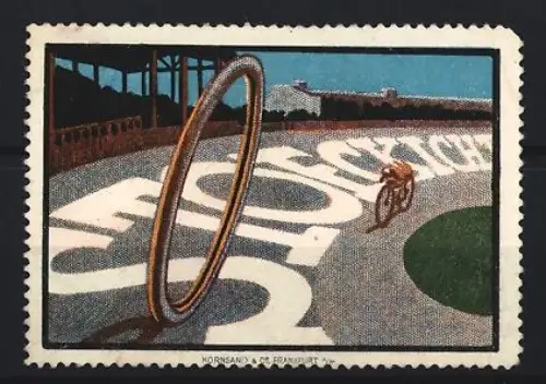 Reklamemarke Stoeckicht, Gummireifen, Fahrradfahrer und Rennbahn