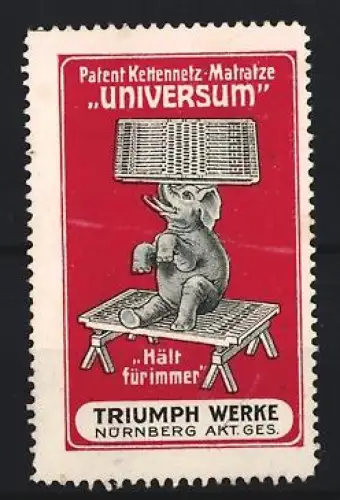 Reklamemarke Nürnberg, Triumph Werke, Patent Kettennetz-Matratze Universum, Elefant auf Matratze
