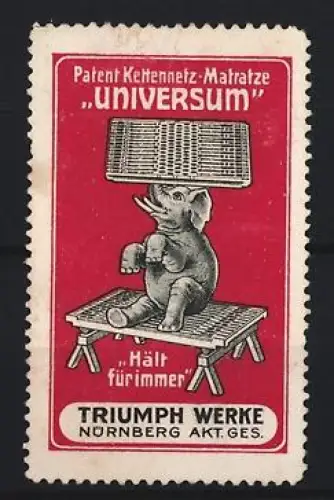 Reklamemarke Nürnberg, Triumph Werke, Patent Kettennetz-Matratze Universum, Elefant auf Matratze