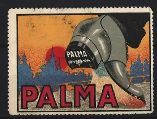Reklamemarke Palma, Schuh und Ortsansicht im Sonnenuntergang