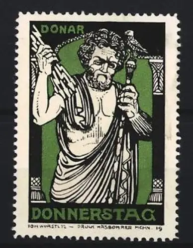 Reklamemarke Donar Donnerstag, Donnergott mit Blitz und Hammer