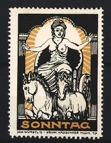 Reklamemarke München, Sonntag, Göttin auf Wagen mit Pferden