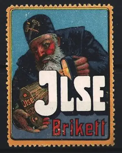 Reklamemarke Ilse Brikett, Bergmann mit Brikett
