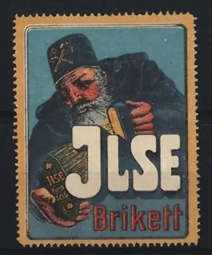Reklamemarke Ilse Brikett, Bergmann mit Brikett-Packung