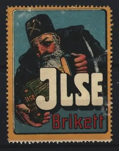 Reklamemarke Ilse Brikett, Bergmann mit Brikettpackung