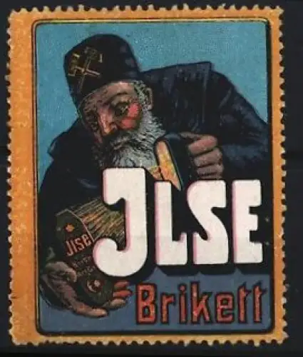 Reklamemarke Ilse, Brikett, Bergmann mit Laterne und Brikett