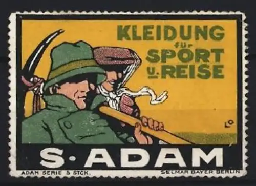 Reklamemarke S. Adam, Kleidung für Sport u. Reise, Wanderer mit Rucksäcken