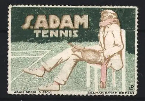 Reklamemarke S. Adam, Tennis- und Sportbekleidung, Tennisspieler auf Stuhl