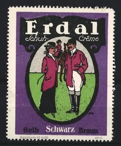 Reklamemarke Erdal, Schuh-Crême, Reiterpaar, Pferd im Hintergrund
