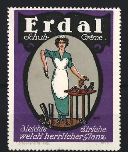 Reklamemarke Erdal, Schuh-Crème, Frau mit Schuhen und Bürste