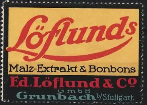 Reklamemarke Grunbach, Ed. Löflund & Co., Malz-Extrakt & Bonbons, Schriftzug