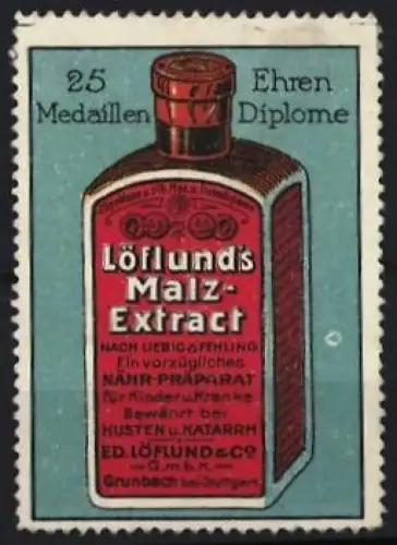 Reklamemarke Grunbach, Löflund, Malz-Extract zur Kräftigung, Flasche mit Auszeichnungen