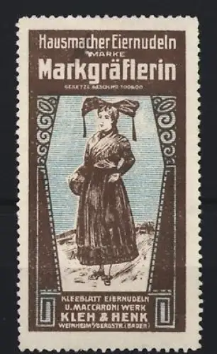 Reklamemarke Weinheim, Kleh & Henk, Eiernudeln Marke Markgräflerin, Frau mit Korb