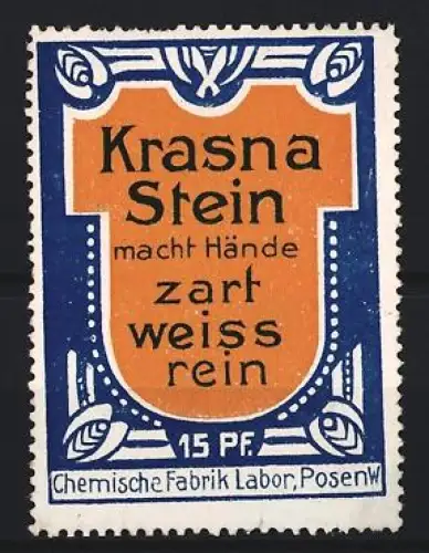 Reklamemarke Posen, Krasna Stein, Chemische Fabrik für Reinigungsmittel, Ornamentdesign