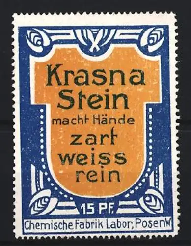 Reklamemarke Posen, Krasna Stein, Chemische Fabrik für Reinigungsmittel, Verziertes Logo