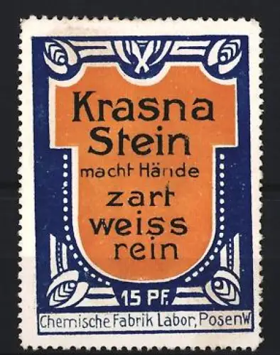 Reklamemarke Posen, Krasna Stein, Chemische Fabrik für Reinigungsmittel, verziertes Logo