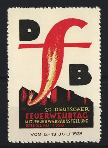 Reklamemarke Breslau, 20. Deutscher Feuerwehrtag 1928, Flamme und Gebäude