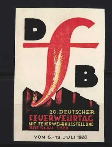 Reklamemarke Breslau, 20. Deutscher Feuerwehrtag 1928, Flamme und Gebäude
