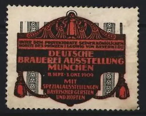 Reklamemarke München, Deutsche Brauereiausstellung 1909, bayerische Gerste und Hopfen