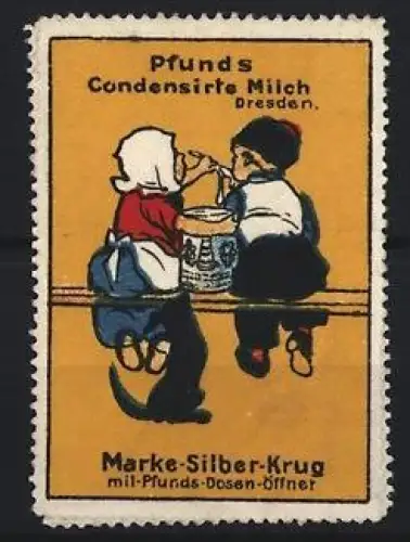 Reklamemarke Dresden, Pfunds Condensirte Milch, Kinder auf Bank