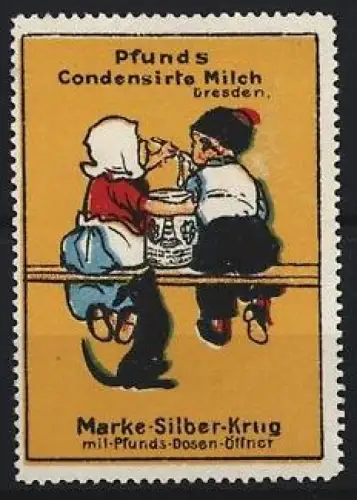 Reklamemarke Dresden, Pfunds Condensirte Milch, Kinder auf Bank