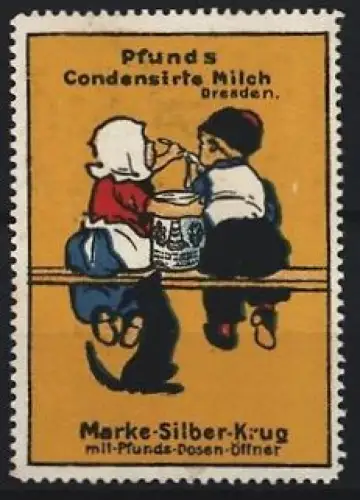 Reklamemarke Dresden, Pfunds Condensirte Milch, Kinder auf Bank