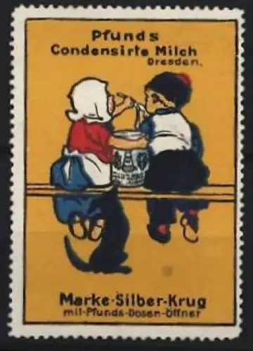 Reklamemarke Dresden, Pfunds Condensirte Milch, Kinder auf Bank