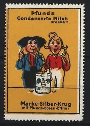 Reklamemarke Dresden, Pfunds Condensirte Milch, Marke-Silber-Krug, Max und Moritz