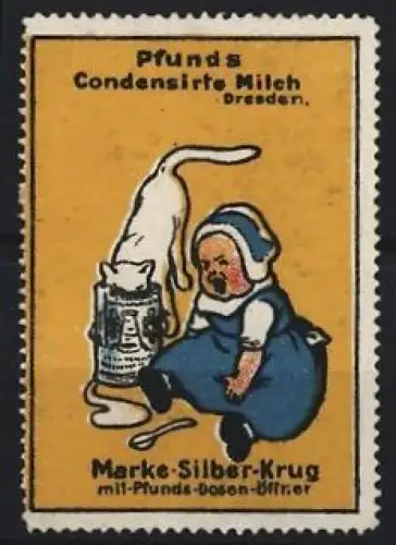 Reklamemarke Dresden, Pfunds Condensirte Milch, Kind und Katze
