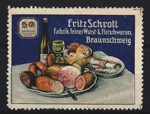 Reklamemarke Braunschweig, Fritz Schrott, Fabrik feiner Wurst & Fleischwaren, reich gedeckter Tisch