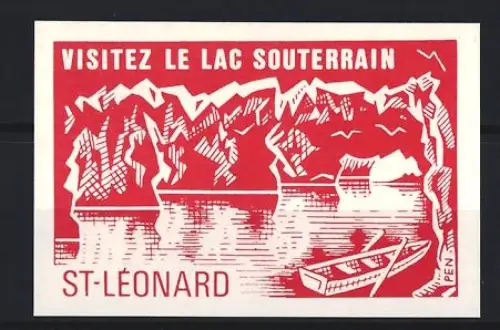 Reklamemarke St-Léonard, Visitez le Lac Souterrain, Boote und Berge