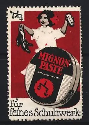 Reklamemarke Mignon Paste, Kind mit Schuhen