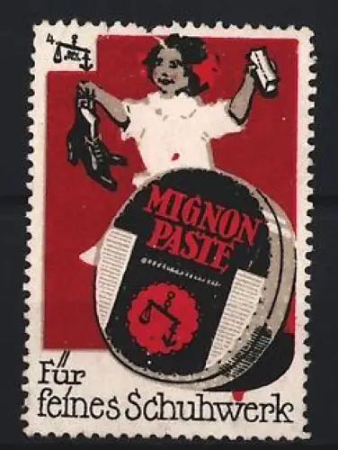 Reklamemarke Mignon Paste, Kind mit Schuhen und Dose